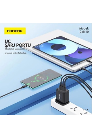Foneng Gan10 65w 2xtype-c 1x Usb 3 Girişli Type-c To Type-c Kablo Set -