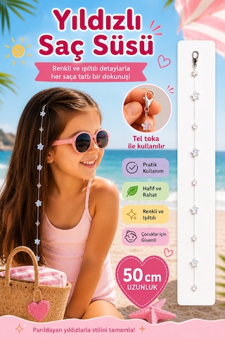 Işıltılı Yıldızlı Saç Aksesuarı 50 Cm Pratik Klipsli Çocuk Saç Süsü Diğer