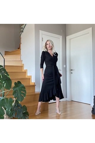 Krep Kumaş Midi Boy Kuşaklı Uzunkol Elbise 113 Cm Bediva 001