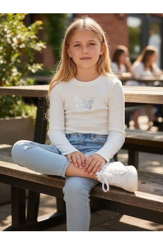 Zekids Kız Çocuk Boncuklu Kelebek İşlemeli Fitilli Uzun Kollu T-shirt-16380 Ekru
