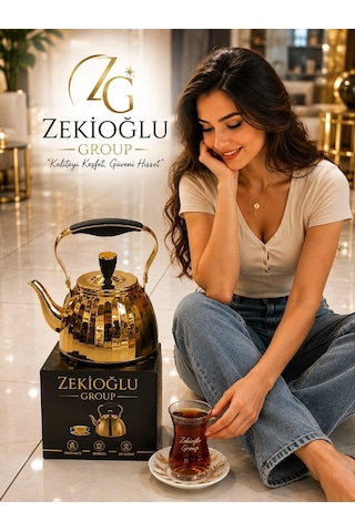 Zekioğlu 3 Litre Altın Gold Paslanmaz Çelik Çaydanlık Aynalı Gövde Ergonomik Sap 5 Katmanlı Kapsül Taban İthal Demlik Sarı