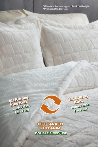 Evlen Home Çift Taraflı Kişilik Kürk Yatak Örtüsü Uyku Seti Yumuşak Dolgulu Wellsoft Peluş 3 Parça Benita Krem Krem