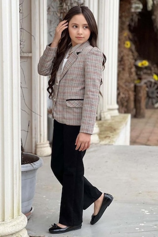 Riccotarz Kız Çocuk Yakası Açık Ve Taş Detaylı Bluz Ekose Çizgi Blazer Ceket Kemerli Siyah Alt Üst Takım Siyah