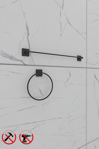 Alper Banyo Jasmin Kare Siyah Yapışkanlı 2'li Set - Yuvarlak Havluluk Uzun Havluluk Siyah