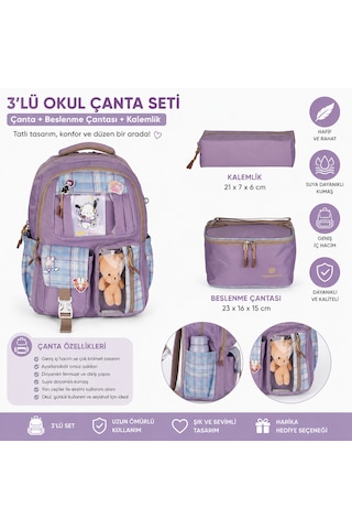 Relaxion 3'lü Set Okul Çantası + Termal Beslenme + Kalemlik Kalite Lila / Lavanta Moru