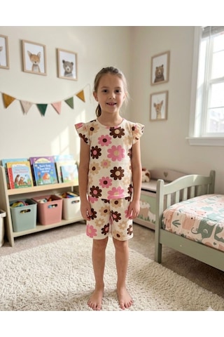 Aliş Kids Kız Çocuk Pamuklu Bej Rengi Papatya Desenli Kolları Fırfırlı Kısa Kollu Şortlu Yazlık Pijama Takımı