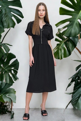 Kadın Siyah Fermuarlı Beli Büzgülü Airobin Polo Yaka Elbise Maksi Boy Uzun Rahat Ve Günlük Siyah