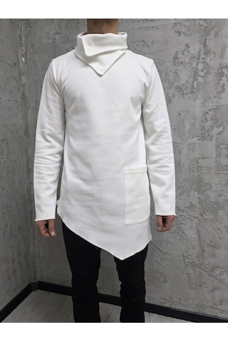 Şal Yaka Cep Detaylı Erkek Sweatshirt Beyaz