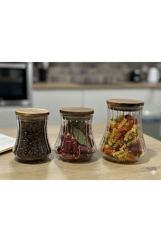 Morponi 3'lü Akasya Kapaklı Borosilikat Cam Kavaoz Seti 500-750-1000 Ml Vita Serisi Şeffaf