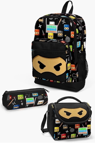 Kids Siyah Ninja Desenli 3 Lü Okul Çanta Seti Set0123473