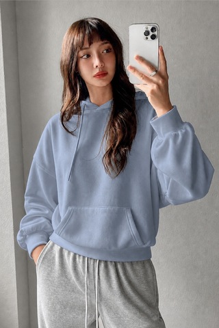Cool Tarz Kadın Oversize Hoodie Sweatshirt Kapüşonlu Kanguru Cepli Mavi Mavi