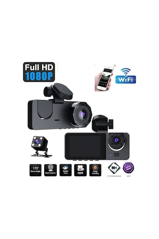 Lemestar Araç İçi 3 Kamera Ön+iç+arka Dvr, 1080p Full Hd, Gece Görüşü, Wıfı Desteği, Sürekli Kayıt, Park Koruma Sistemi