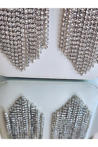 Fenomen Sallantılı Taşlı Gece Abiye Silver Küpe