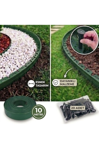 Esnek Çim Sınırlayıcı 10 Metre Çim Ayracı Bahçe Bordürü + 20 Sabitleme Çivisi Yeşil