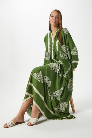 Modest Helena Yeşil Krem Kadın %100 Viskon Maksi Boy Katlı Balon Kol Uzun Yazlık Elbise Çok Renkli