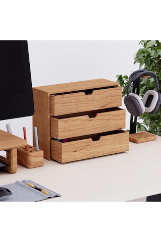 Desna Üç Katlı Üç Çekmeceli Dolap - Kiraz 34 Cm Uzunluk X 12.1 Cm Derinlik X 27.2 Cm Woodsaka Doğal Ahşap