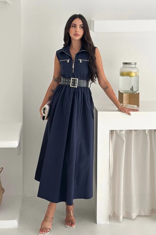 Asprin Fashion Paraşüt Kumaş Kemerli Elbise Lacivert Lacivert
