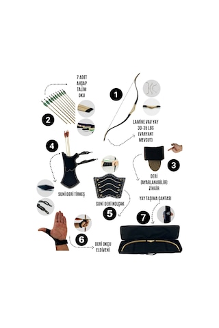 Geleneksel Okçuluk Lamine 'vav' Set- Vav Yay + 7 Ok + Zihgir + Tirkeş + Kolçak + Eldiven + Çanta