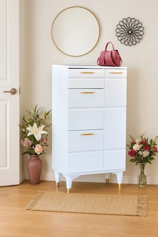 Roma Beyaz Ayakkabılık Gold Detaylı 1 Kapaklı 1 Çekmeceli 2 Düşen Kapak 60x34x150 Cm
