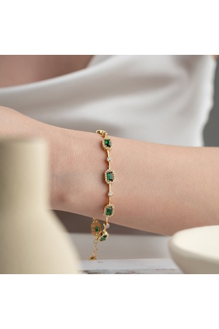 Kadın 925 Ayar Gümüş Zümrüt Taşlı Zarif Bileklik Altın