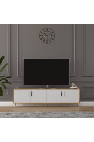 Asra Trend Tv Ünitesi T-03 %100 MDF 160 cm Tv Sehpası 4 Kapaklı Raflı Beyaz-Petra