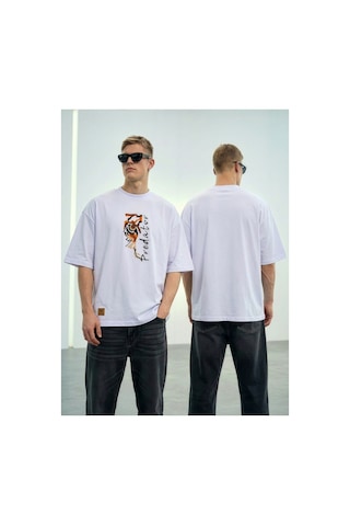 Wild Wood Garment Wild Wood "predator" Tiger Eye Streetwear Premium Kalite Oversize T-shirt Beyaz