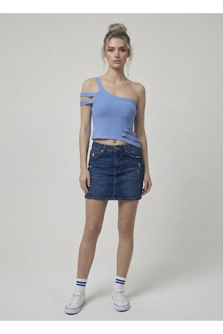 Neden Tekstil Asimetrik Tek Omuz Triko Crop Bluz - Mavi