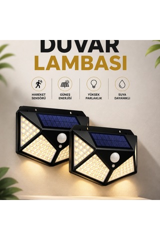 Solar Sensörlü Duvar Lambası 100 Led Ip65 Suya Dayanıklı Bahçe Aydınlatması Beyaz Işık
