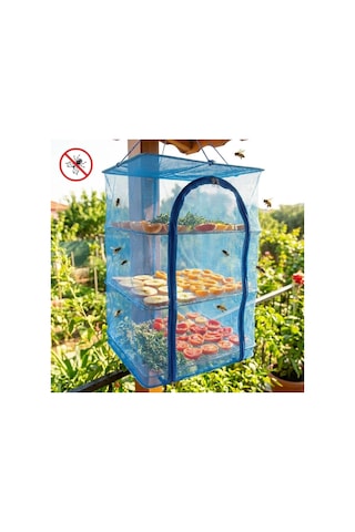 Buffer 3 Katlı Fermuarlı Sebze Meyve Kurutucu File 40x40 Cm Katlı Askılı Kurutma Filesi 52 Cm Uzunluk Mavi
