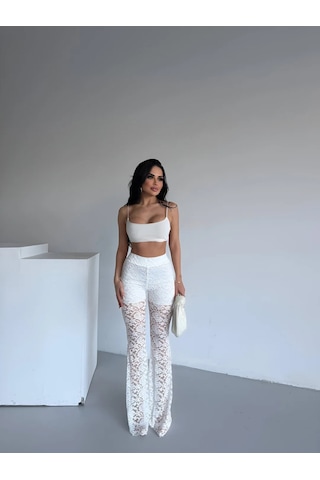 Havens Lace Kabartmalı İspanyol Paça Pantolon Beyaz