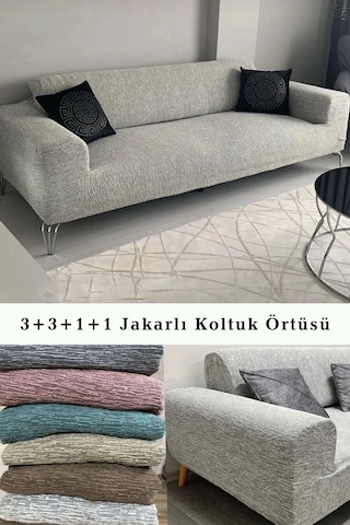 StartMall Jakarlı Çubuk Desen Koltuk Örtüsü 3+3+1+1 Takımı Lastikli Esnek Yıkanabilir Çekyat Kanepe Kılıfı Taş Gri