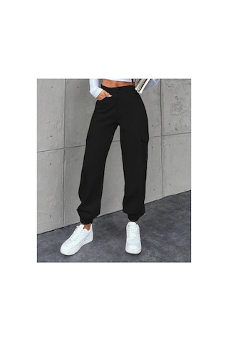 Kene Jeans Yüksek Bel Siyah Paça Lastik Kargo Cepketen Mom Pantolon Siyah
