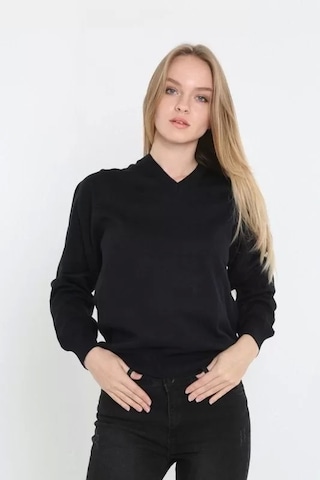 Blacktree Unisex Uzun Kol V Yaka Triko Kazak - Siyah Siyah