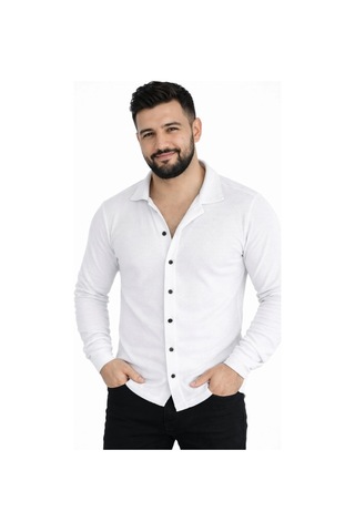 Erkek Waffle Kumaş Uzun Kollu Düğmeli Açık Yaka Regular Fit Gömlek - Beyaz Çok Renkli
