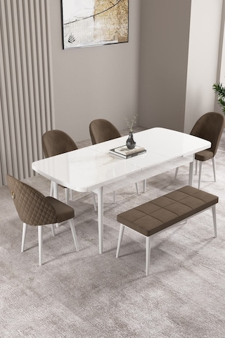 Milas Beyaz 80x132 Mdf Açılabilir Yemek Masası Takımı 4 Sandalye, 1 Bench Kahverengi