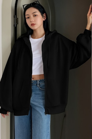 Cool Tarz Unisex Siyah Fermuar Kapüşonlu Sweatshirt Siyah Siyah