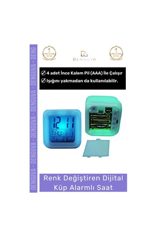 Çalarsaat Renk Değiştiren Dijital Termometreli Işıklı Dekoratif Gece Alarmlı Küp Masa Çalar Saat Çok Renkli
