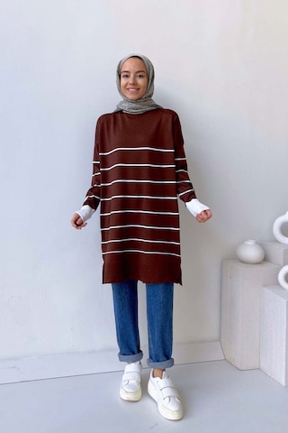 Kahijab Bisiklet Yaka Çizgili Merserize Tunik - Kahverengi