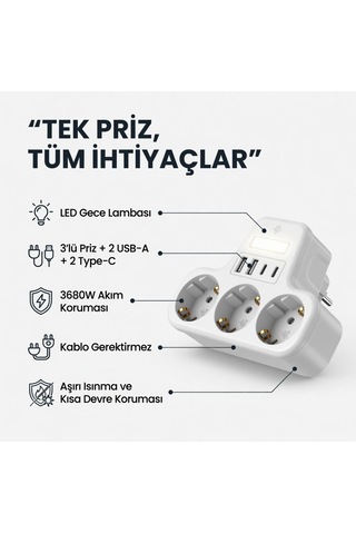 3 Lü Duvar Tipi Akım Korumalı Priz 2 Usb-a + 2 Type-c Girişli Led Gece Lambalı Akıllı Çoklu Priz 0