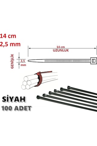 100 Adet 14Cm X 2.5Mm Plastik Kelepçe Kablo Bağı Siyah