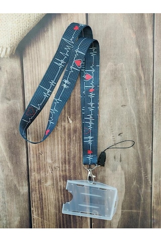 Lacivert Ekg Kalp Ritmi Kart Askısı Yaka Kartı Boyun Askı İpi Telefon Askısı Yatay Dikey Kart Koruyucu