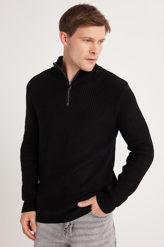 Tudors Erkek Slim Fit Dar Kesim Fermuarlı Siyah Dik Yaka Triko Kazak-34921 Siyah