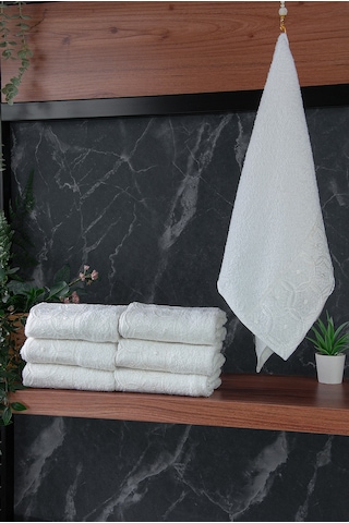 Dantelli Güpürlü Lüks %100 Pamuk Çeyizlik 6 Lı El Yüz Havlu Seti 40x70 - Beyaz - 4400 Beyaz