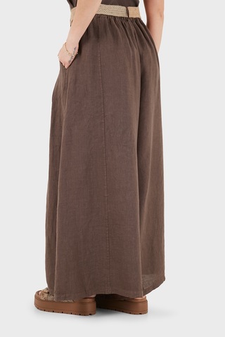 Via Dante Relaxed Fit Yüksek Bel Bol Paça Keten Pantolon Bayan Pantolon 7544 Kahve
