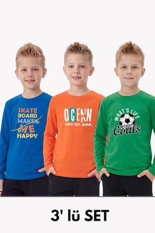 Panios Kids 3'lü Yuvarlak Yakalı Baskı Detaylı Uzun Kollu Basic 3 Parça Erkek Çocuk Tişört Turuncu - Yeşil