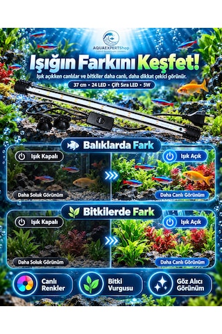 Akvaryum Işığı - Balık Işığı - Bitki Işığı - 37 Cm - 24 Led - Tamamen Su İçinde Kullanılabilir - 3 Modlu - 5w - Mükemmel Işık