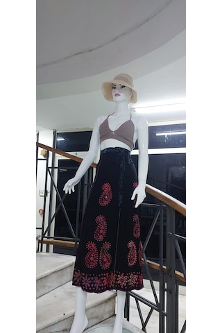 Bohem Stil Hint Batik Çiçek Desenli Ve İşlemeli Uzun Hint Anvelop Etek Görsel Çok Renkli