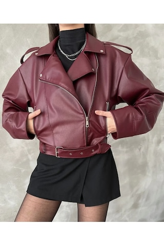 Prifaldi Suni Deri Crop Bıker Ceket Bordo