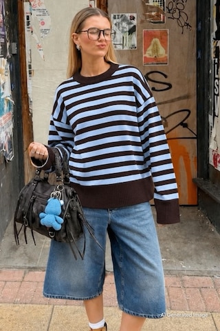 Madmext Kahverengi Çizgili Bisiklet Yaka Oversize Kadın Kazak Mg2894