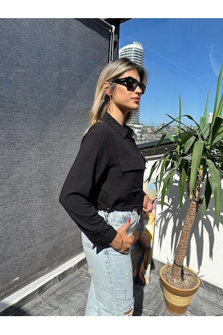 002317 Casual Düz Uzun Kollu Crop Poplin Kadın Gömlek -250 Siyah